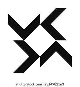 Four chevrons, negative space diagonal square. A group of 4 black v-shapes around a squared symbol. Isolated on a white background.