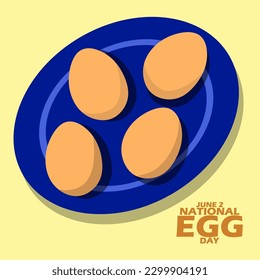 Cuatro huevos de gallina servidos en un plato azul con texto en negrita sobre fondo amarillo claro para celebrar el Día Nacional del Huevo el 3 de junio