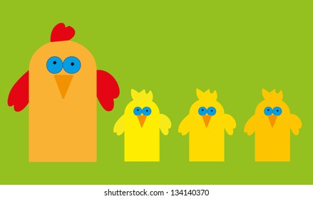 Four chicken on green background, vector illustration