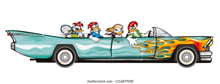 Four chickens traveling in a vintage car