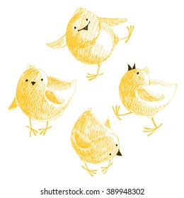 Four chicks. Isolated elements for design on a white background. Vector set, hand drawn illustration.