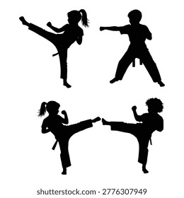 Four child silhouettes demonstrating martial arts techniques including kicks and punches isolated on transparent background
