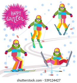 Four child skier - skiing or sitting on a mountain slope. One character boy or girl in different poses having fun in the snow. Flat vector cheerful baby