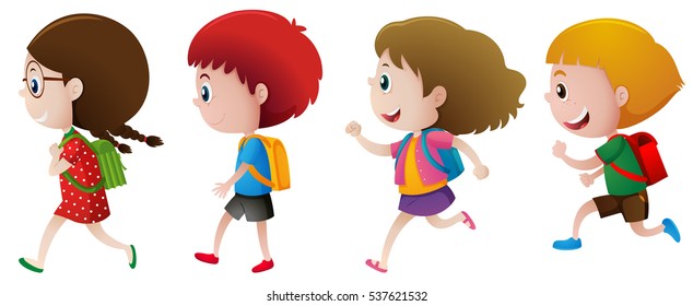 Four children with backpack illustration