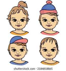 Four children boys and girls with different hair and style personage illustration