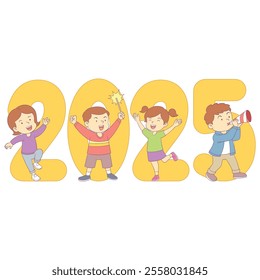 
four children celebrate new year 2025 happily