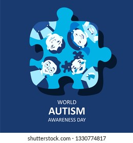 Four children are depicted on the background of a puzzle piece. The puzzle is a worldwide symbol of autism, as well as blue color. Autism Awareness concept for design of banners, posters, cards.