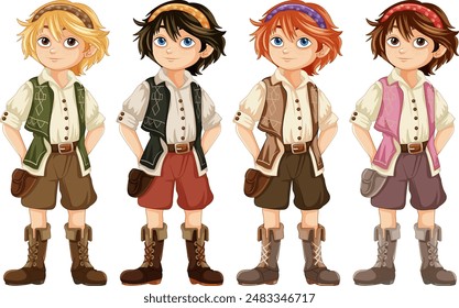 Four children in different colored outfits