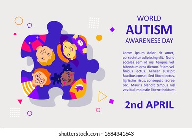 Four children of different races are depicted on the background of a puzzle piece. Puzzle is a symbol of autism. Autism awareness day concept. Healthy care template with text space for social action.