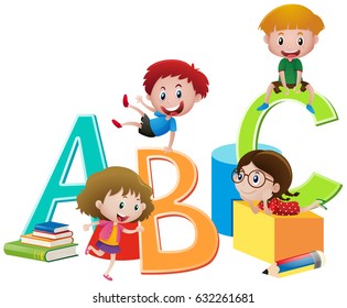 Four children and english alphabets illustration