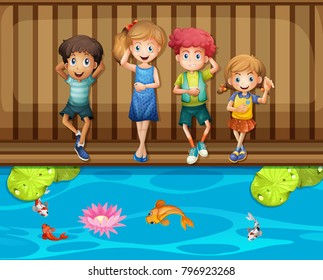 Four children having fun by the fish pond illustration
