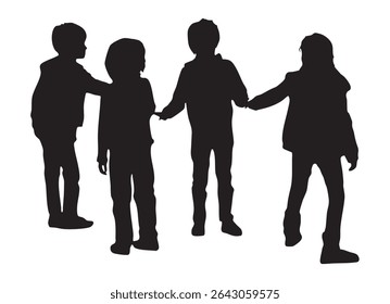 Four Children Holding Hands Silhouette on White Background