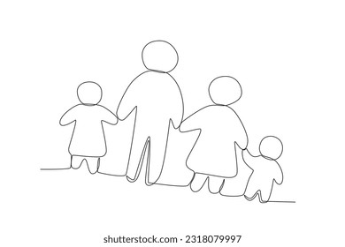 Four children holding hands. World population day one-line drawing