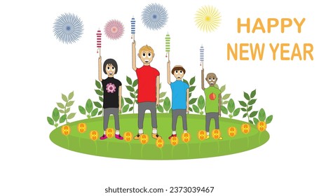 four children playing with fireworks on the green field. sweet plants and beautiful flower. gold text happy new year