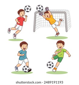 four children playing football on the field