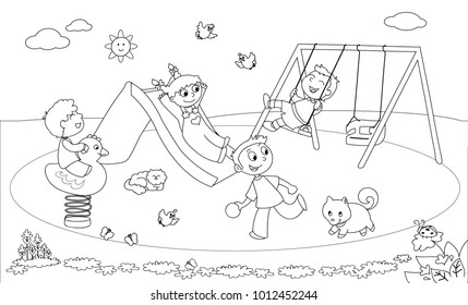 Four children playing at the playground coloring illustration