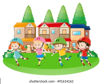 Four children rollerskating in neighborhood illustration