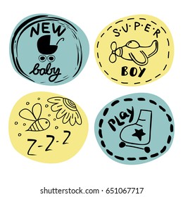 Four children s logo with handwriting. New baby, Super boy, Play. Kids background. Poster Emblem