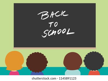 Four children in school class with black board with the inscription Back to school on green wall - vector