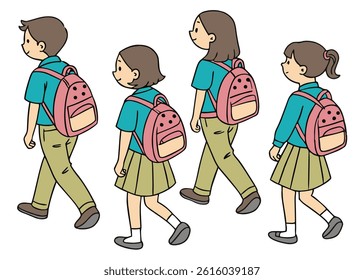 Four children in school uniforms are depicted walking, each carrying a pink backpack.