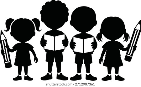 Cuatro niños en silueta, dos libros de lectura y dos lápices de sujeción.