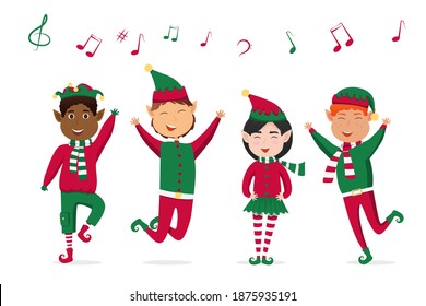 Four Children singing Christmas carols, illustration. Children sing, Christmas songs, music notes on a white background. Vector illustration