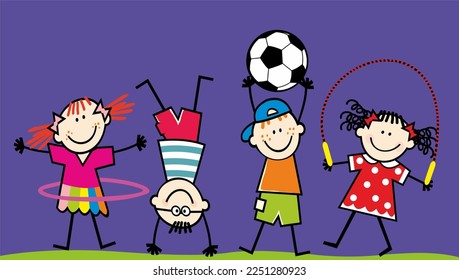 Four children with sports equipments, hula hoop, handstand, soccer ball, jum rope. Humorous vector illustration. Dark blue background.