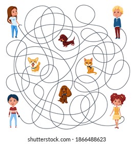 Four children walk with their pets on leashes. Guess which of them is walking the kitten? Children's picture puzzle with a maze of entangled lines.