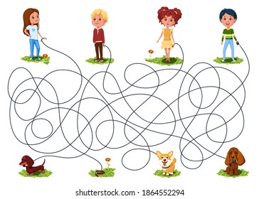 Four children walked with dogs on leashes. Guess whose dog ran away? Children's picture puzzle with a maze of entangled lines.