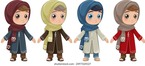 Four children wearing colorful traditional Muslim clothing