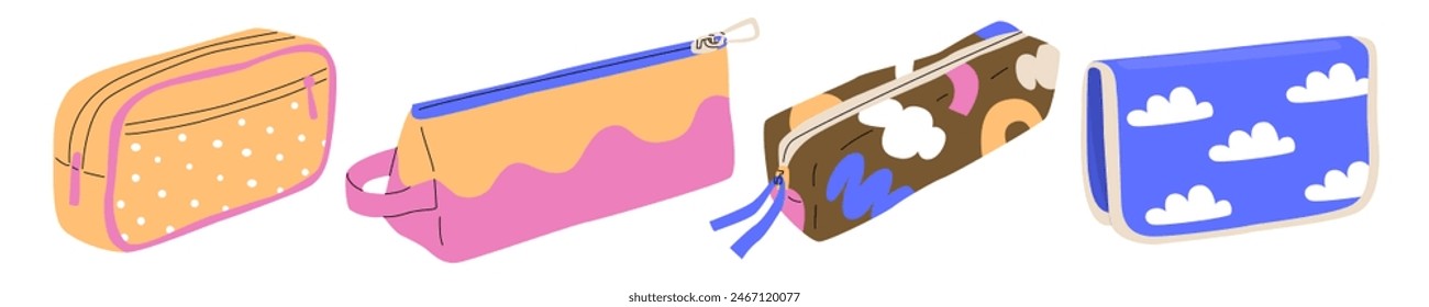 Four children's school pencil cases in different colors with bright abstract prints. Pockets for stationery. Vector illustration isolated on transparent background.