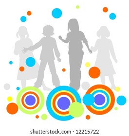 Four children's silhouettes and abstract pattern on a white  background.