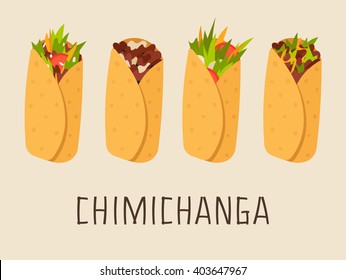 Four Chimichangas with Different Filling. Isolated Mexican Food svg