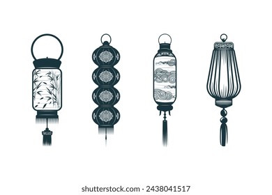 Four Chinese traditional lanterns.  Hand drawn collection of Feng Shui symbols and decor elements isolated on white background. Vector illustration for greeting cards, tattoo and print.