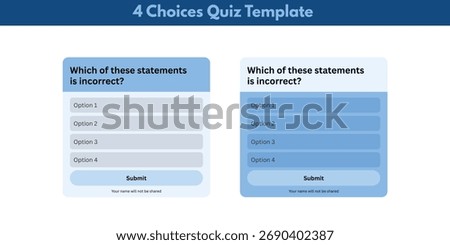 Four choices quiz template which statement is incorrect question, multiple choice answer test with four options, blue light UI design card component, interactive education assessment form widget  