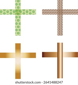 Four Christian crosses in different styles floral, swirl, and gradient gold-bronze, isolated on white. Symbol of faith and religion.