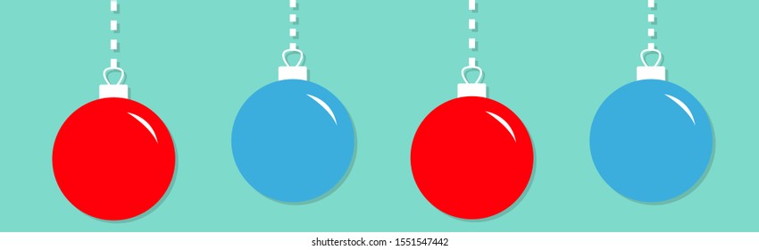 Four Christmas ball hanging on dash line. Cute round red blue bauble toy set. Happy New Year sign symbol. Flat design style. Winter background. Isolated. Vector illustration