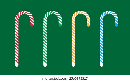 Four Christmas candies in the shape of canes with colorful stripes on a green background.