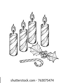 Four Christmas Candles with Holly Twigs and Candy Cane, Symbolise The Light of God Coming into The World Through The Birth of His Son, Jesus.