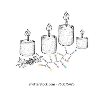 Four Christmas Candles with Holly Twigs and Lights, Symbolise The Light of God Coming into The World Through The Birth of His Son, Jesus.