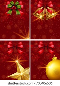 Four christmas cards with ribbons and ball on red background illustration