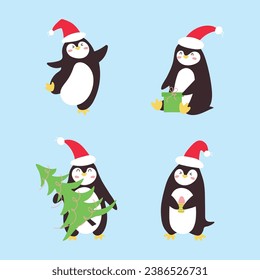 Four Christmas penguins in different poses, with a Christmas tree, with a gift, one dancing, all wearing red Christmas hats. Vector illustration EPS10