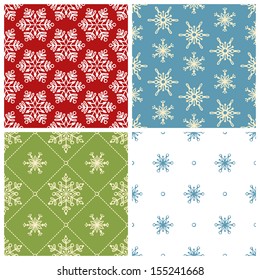 Four Christmas seamless patterns. Set of duotone seamless textures of snowflakes. Winter backgrounds. Christmas templates. 
