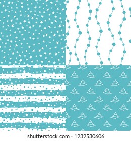 Four christmas seamless patterns with snow, pine trees, stars. Hand drawn
