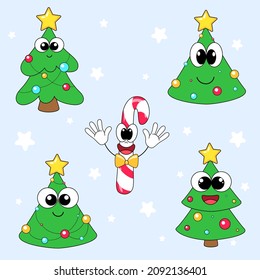 Cuatro árboles navideños decorados con bolas navideñas con guirnaldas y una langosta navideña con rayas rojas y blancas y una mariposa. Personajes de dibujos animados. Un árbol de Navidad con ojos. Vector
