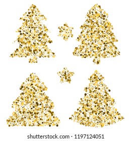 Four christmas trees at greeting card.  Vector art with dots different size. Template for laser cutting. Large and small dots in tree shape.