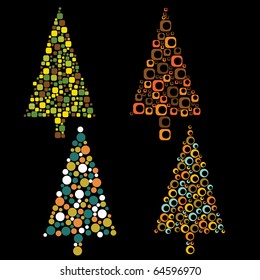 four christmas trees on the black background