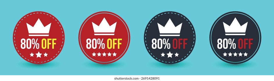 Four circle badge designs reading 80% OFF with a crown illustration and star icons on a bright cyan color backdrop.