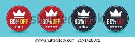 Four circle badge designs reading 80% OFF with a crown illustration and star icons on a bright cyan color backdrop.