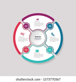 four circle elements with paper icons and place for text to circle white paper. The concept of 4 business development features. Infographic design template. Vector illustration.